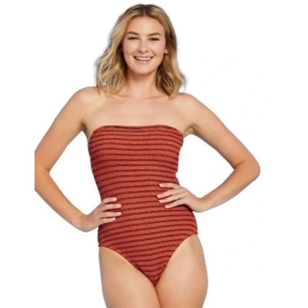 Kona Sol Women Rust Orange Striped Bandeau One Piece Swimsuit Medium F00371777